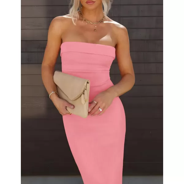 imageZESICA Womens Summer Strapless Bodycon Maxi Dress 2024 Off Shoulder Strapless Side Slit Tube Long Club Party DressesPink