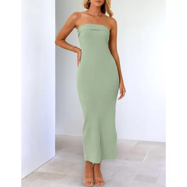 imageZESICA Womens Summer Strapless Bodycon Maxi Dress 2024 Off Shoulder Strapless Side Slit Tube Long Club Party DressesSage