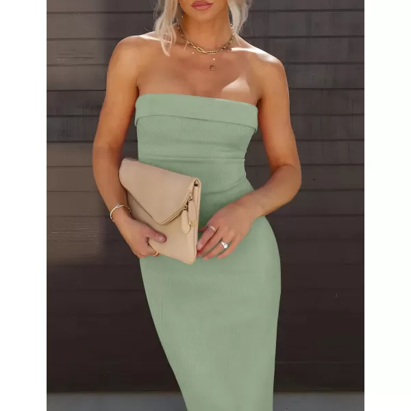 imageZESICA Womens Summer Strapless Bodycon Maxi Dress 2024 Off Shoulder Strapless Side Slit Tube Long Club Party DressesSage