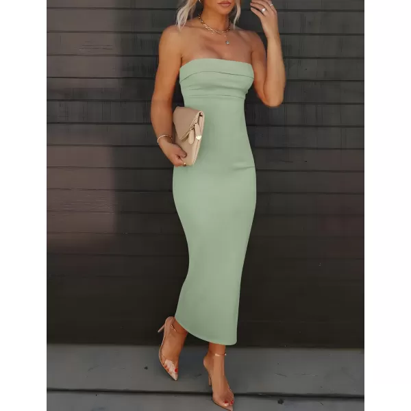 imageZESICA Womens Summer Strapless Bodycon Maxi Dress 2024 Off Shoulder Strapless Side Slit Tube Long Club Party DressesSage