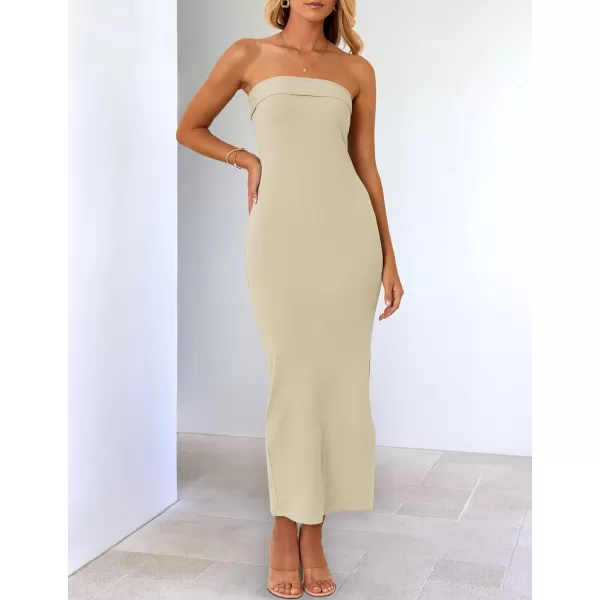 imageZESICA Womens Summer Strapless Bodycon Maxi Dress 2024 Off Shoulder Strapless Side Slit Tube Long Club Party DressesSand