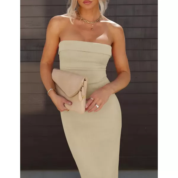 imageZESICA Womens Summer Strapless Bodycon Maxi Dress 2024 Off Shoulder Strapless Side Slit Tube Long Club Party DressesSand