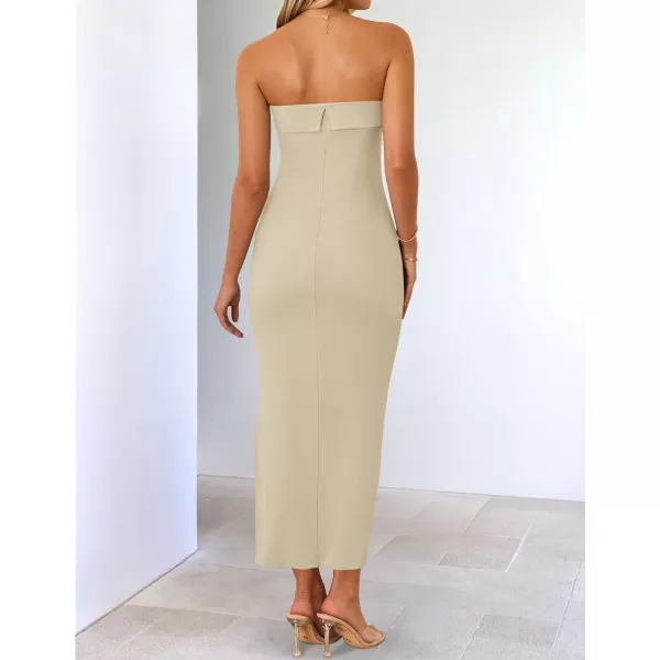 imageZESICA Womens Summer Strapless Bodycon Maxi Dress 2024 Off Shoulder Strapless Side Slit Tube Long Club Party DressesSand