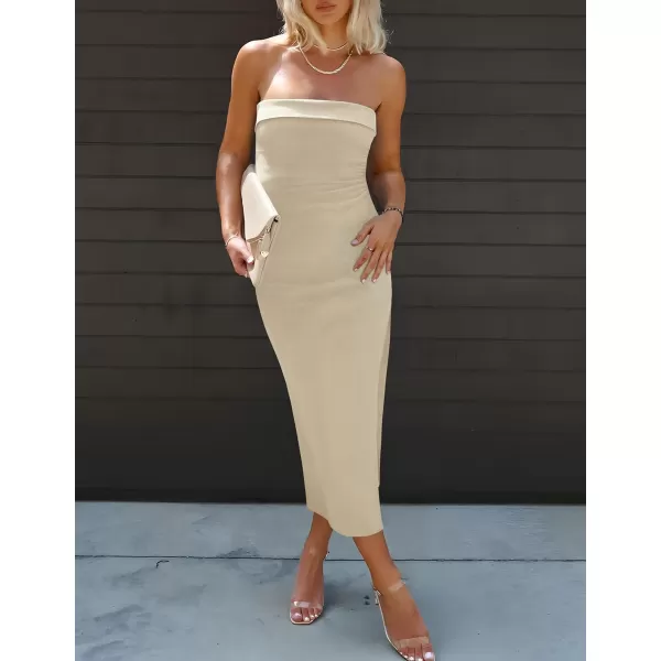 imageZESICA Womens Summer Strapless Bodycon Maxi Dress 2024 Off Shoulder Strapless Side Slit Tube Long Club Party DressesSand