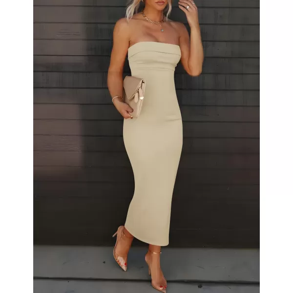 imageZESICA Womens Summer Strapless Bodycon Maxi Dress 2024 Off Shoulder Strapless Side Slit Tube Long Club Party DressesSand
