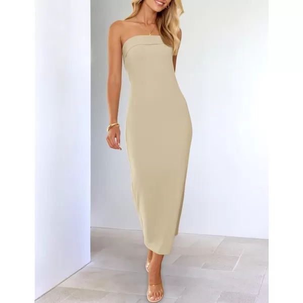 imageZESICA Womens Summer Strapless Bodycon Maxi Dress 2024 Off Shoulder Strapless Side Slit Tube Long Club Party DressesSand