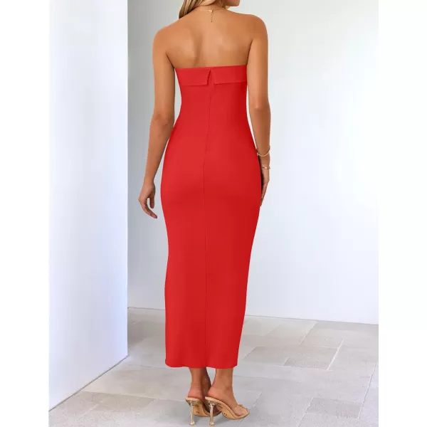 imageZESICA Womens Summer Strapless Bodycon Maxi Dress 2024 Off Shoulder Strapless Side Slit Tube Long Club Party DressesWatermelon