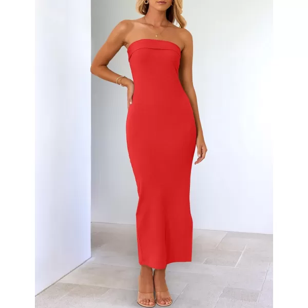 imageZESICA Womens Summer Strapless Bodycon Maxi Dress 2024 Off Shoulder Strapless Side Slit Tube Long Club Party DressesWatermelon
