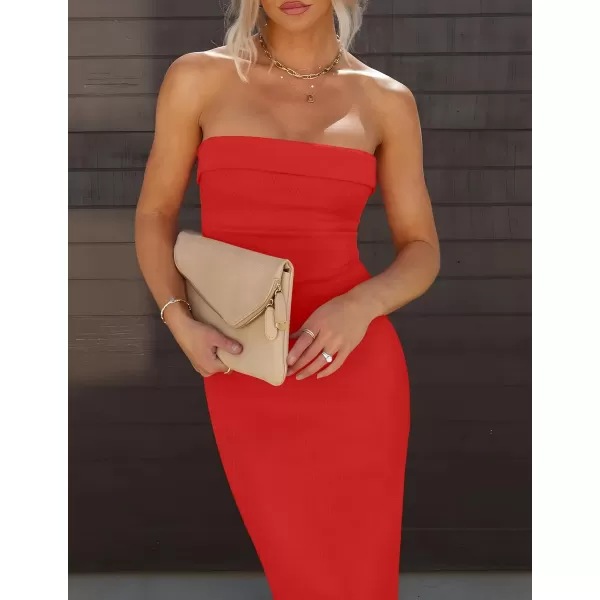 imageZESICA Womens Summer Strapless Bodycon Maxi Dress 2024 Off Shoulder Strapless Side Slit Tube Long Club Party DressesWatermelon