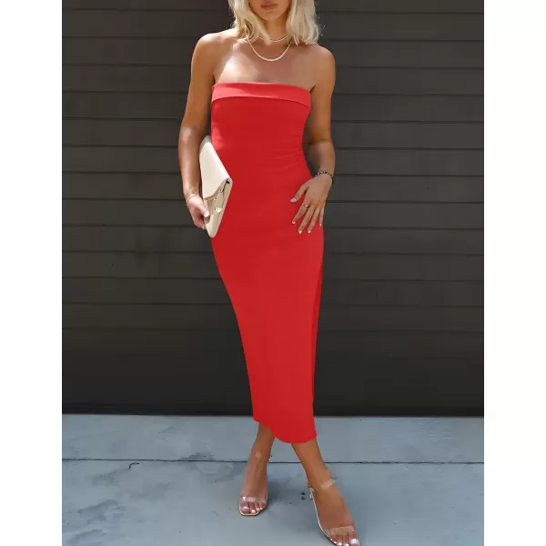 imageZESICA Womens Summer Strapless Bodycon Maxi Dress 2024 Off Shoulder Strapless Side Slit Tube Long Club Party DressesWatermelon