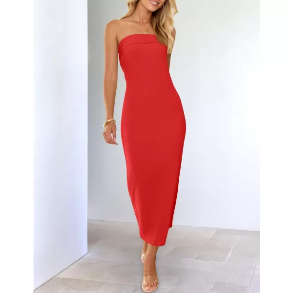 imageZESICA Womens Summer Strapless Bodycon Maxi Dress 2024 Off Shoulder Strapless Side Slit Tube Long Club Party DressesWatermelon