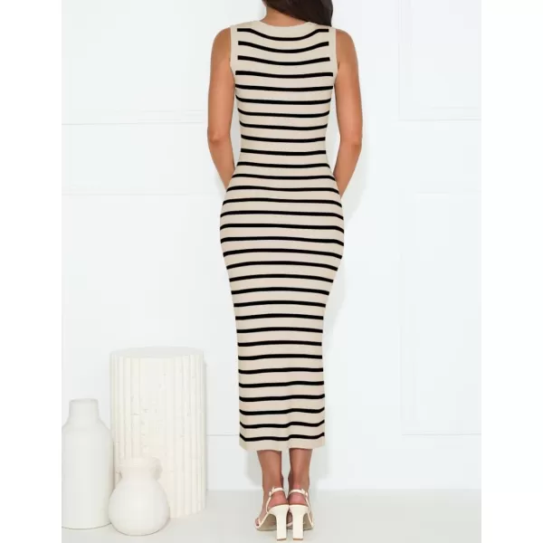 imageZESICA Womens Summer Striped Bodycon Midi Dresses 2024 Casual Sleeveless Scoop Neck Ribbed Knit Beach Vacation Long DressApricot