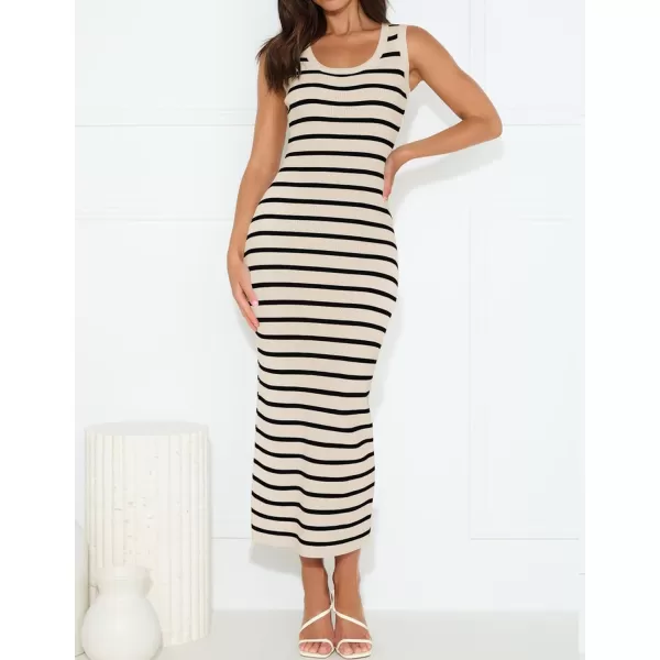 imageZESICA Womens Summer Striped Bodycon Midi Dresses 2024 Casual Sleeveless Scoop Neck Ribbed Knit Beach Vacation Long DressApricot