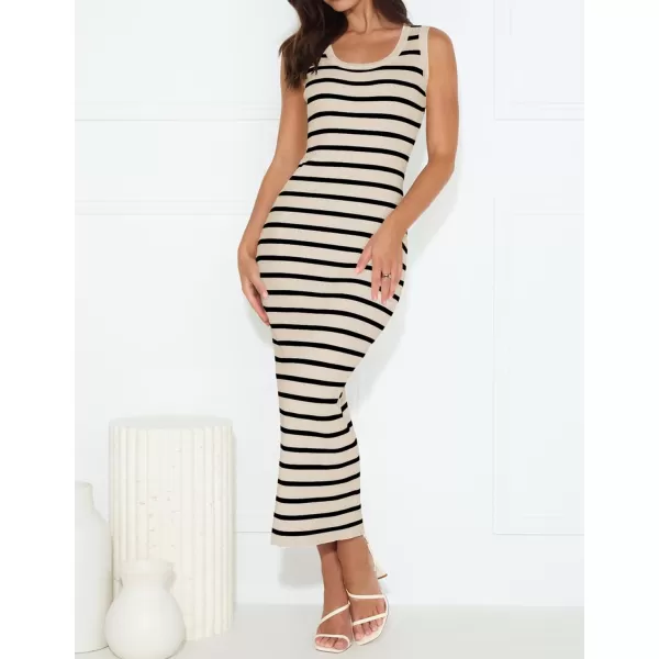 imageZESICA Womens Summer Striped Bodycon Midi Dresses 2024 Casual Sleeveless Scoop Neck Ribbed Knit Beach Vacation Long DressApricot