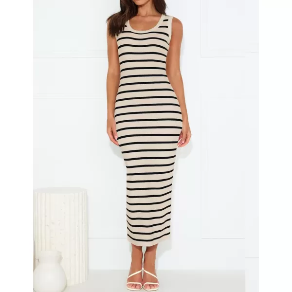 imageZESICA Womens Summer Striped Bodycon Midi Dresses 2024 Casual Sleeveless Scoop Neck Ribbed Knit Beach Vacation Long DressApricot