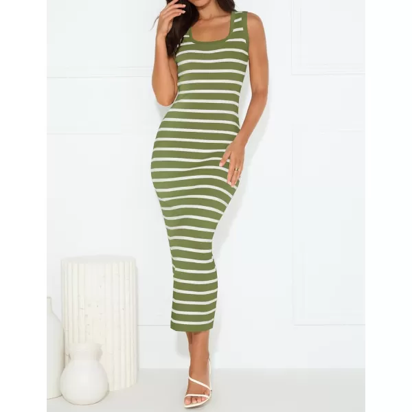 imageZESICA Womens Summer Striped Bodycon Midi Dresses 2024 Casual Sleeveless Scoop Neck Ribbed Knit Beach Vacation Long DressOlivegreen