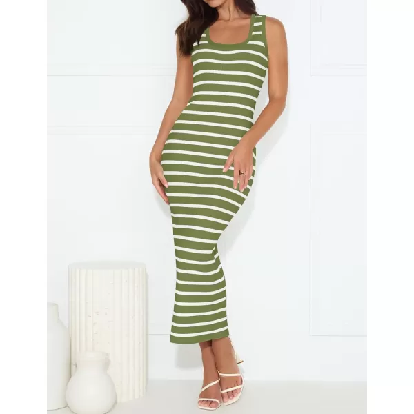 imageZESICA Womens Summer Striped Bodycon Midi Dresses 2024 Casual Sleeveless Scoop Neck Ribbed Knit Beach Vacation Long DressOlivegreen