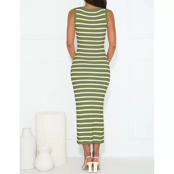 imageZESICA Womens Summer Striped Bodycon Midi Dresses 2024 Casual Sleeveless Scoop Neck Ribbed Knit Beach Vacation Long DressOlivegreen