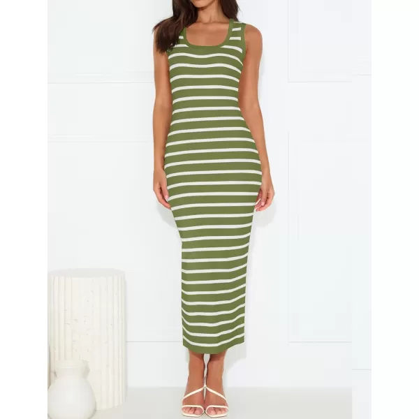 imageZESICA Womens Summer Striped Bodycon Midi Dresses 2024 Casual Sleeveless Scoop Neck Ribbed Knit Beach Vacation Long DressOlivegreen