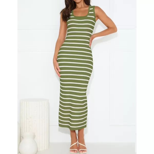 imageZESICA Womens Summer Striped Bodycon Midi Dresses 2024 Casual Sleeveless Scoop Neck Ribbed Knit Beach Vacation Long DressOlivegreen