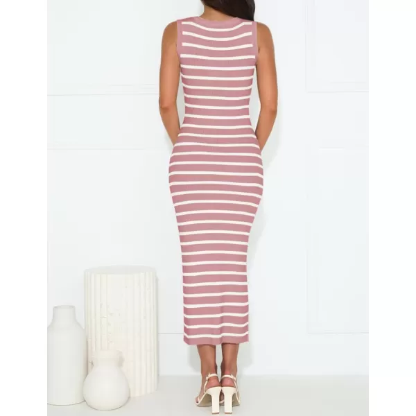 imageZESICA Womens Summer Striped Bodycon Midi Dresses 2024 Casual Sleeveless Scoop Neck Ribbed Knit Beach Vacation Long DressPink