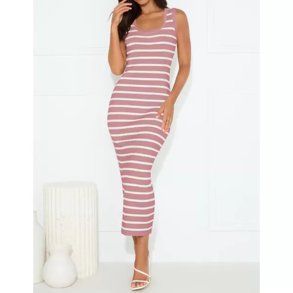 imageZESICA Womens Summer Striped Bodycon Midi Dresses 2024 Casual Sleeveless Scoop Neck Ribbed Knit Beach Vacation Long DressPink