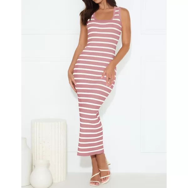 imageZESICA Womens Summer Striped Bodycon Midi Dresses 2024 Casual Sleeveless Scoop Neck Ribbed Knit Beach Vacation Long DressPink