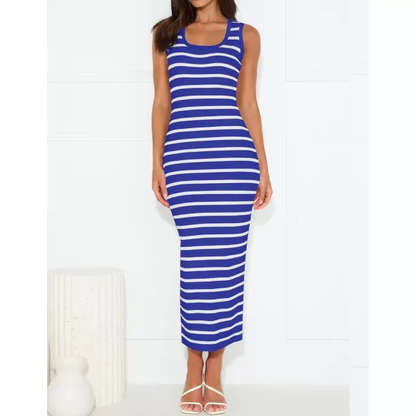 imageZESICA Womens Summer Striped Bodycon Midi Dresses 2024 Casual Sleeveless Scoop Neck Ribbed Knit Beach Vacation Long DressRoyalblue