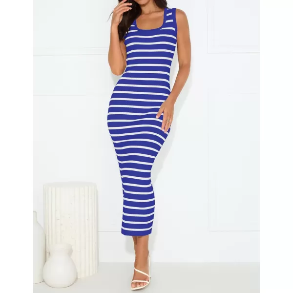 imageZESICA Womens Summer Striped Bodycon Midi Dresses 2024 Casual Sleeveless Scoop Neck Ribbed Knit Beach Vacation Long DressRoyalblue