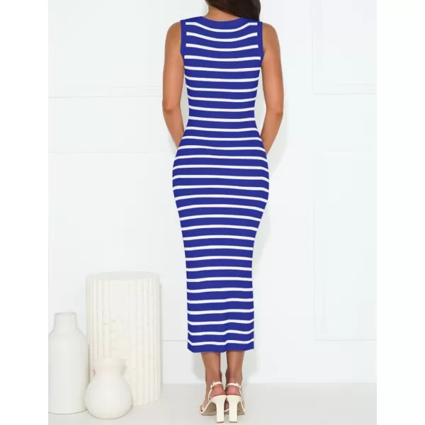 imageZESICA Womens Summer Striped Bodycon Midi Dresses 2024 Casual Sleeveless Scoop Neck Ribbed Knit Beach Vacation Long DressRoyalblue