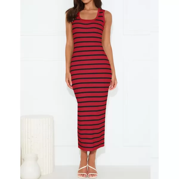imageZESICA Womens Summer Striped Bodycon Midi Dresses 2024 Casual Sleeveless Scoop Neck Ribbed Knit Beach Vacation Long DressWine