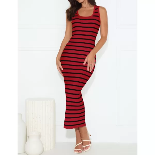 imageZESICA Womens Summer Striped Bodycon Midi Dresses 2024 Casual Sleeveless Scoop Neck Ribbed Knit Beach Vacation Long DressWine