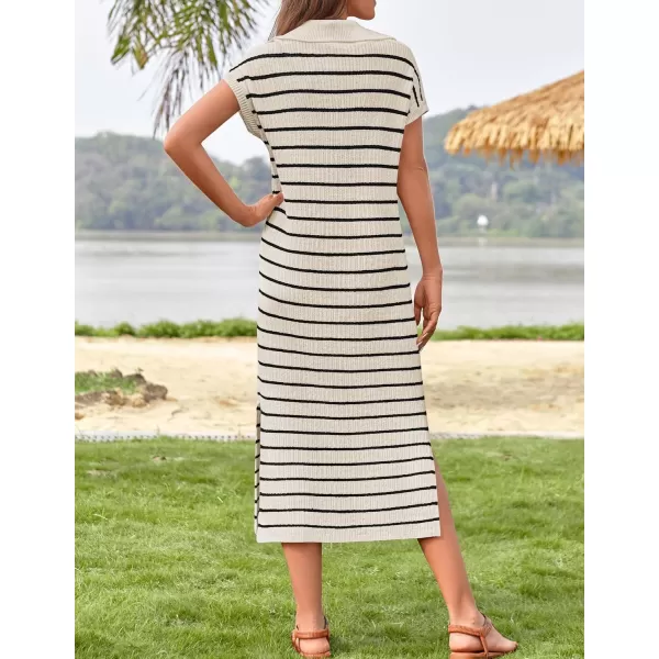 imageZESICA Womens Summer Striped Maxi Dress 2024 Casual Short Sleeve V Neck Loose Knitted Side Slit Long Sweater DressesApricot