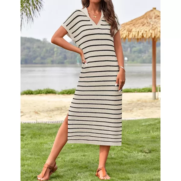 imageZESICA Womens Summer Striped Maxi Dress 2024 Casual Short Sleeve V Neck Loose Knitted Side Slit Long Sweater DressesApricot