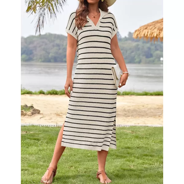 imageZESICA Womens Summer Striped Maxi Dress 2024 Casual Short Sleeve V Neck Loose Knitted Side Slit Long Sweater DressesApricot