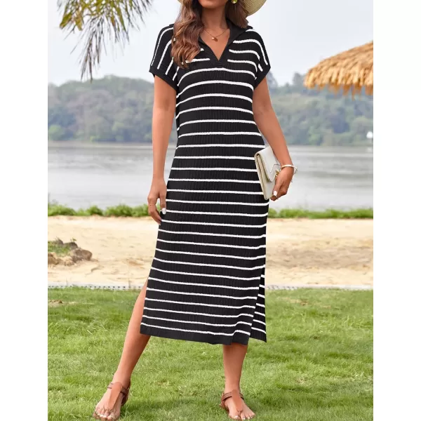 imageZESICA Womens Summer Striped Maxi Dress 2024 Casual Short Sleeve V Neck Loose Knitted Side Slit Long Sweater DressesBlack