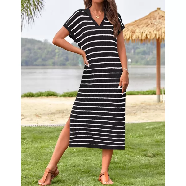 imageZESICA Womens Summer Striped Maxi Dress 2024 Casual Short Sleeve V Neck Loose Knitted Side Slit Long Sweater DressesBlack