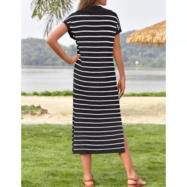 imageZESICA Womens Summer Striped Maxi Dress 2024 Casual Short Sleeve V Neck Loose Knitted Side Slit Long Sweater DressesBlack