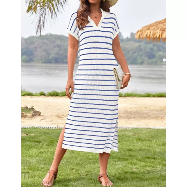 imageZESICA Womens Summer Striped Maxi Dress 2024 Casual Short Sleeve V Neck Loose Knitted Side Slit Long Sweater DressesBlue