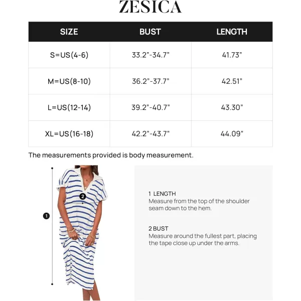 imageZESICA Womens Summer Striped Maxi Dress 2024 Casual Short Sleeve V Neck Loose Knitted Side Slit Long Sweater DressesBlue