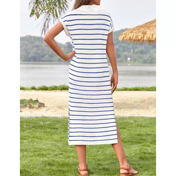 imageZESICA Womens Summer Striped Maxi Dress 2024 Casual Short Sleeve V Neck Loose Knitted Side Slit Long Sweater DressesBlue