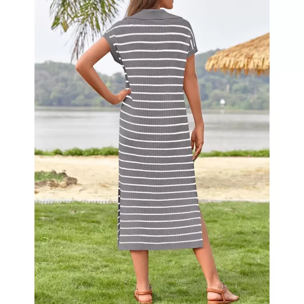 imageZESICA Womens Summer Striped Maxi Dress 2024 Casual Short Sleeve V Neck Loose Knitted Side Slit Long Sweater DressesGray
