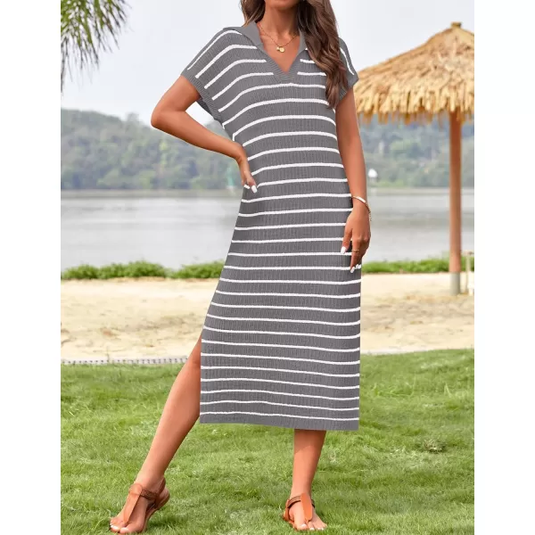 imageZESICA Womens Summer Striped Maxi Dress 2024 Casual Short Sleeve V Neck Loose Knitted Side Slit Long Sweater DressesGray