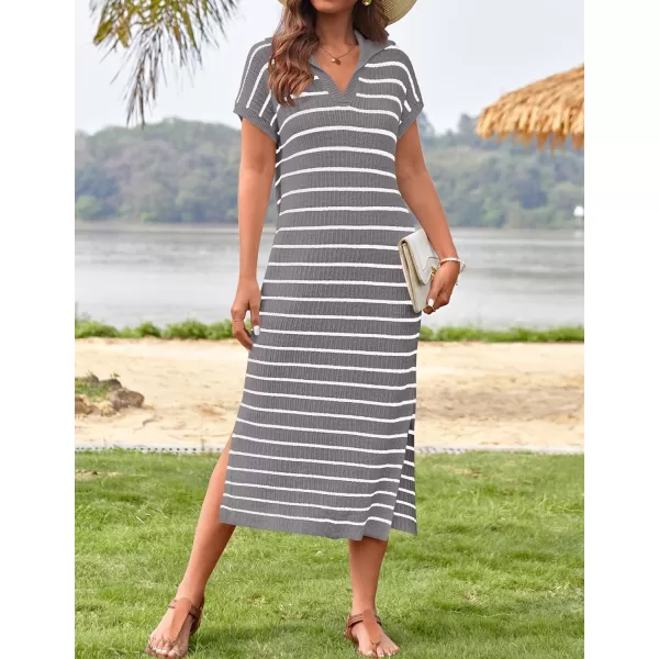 imageZESICA Womens Summer Striped Maxi Dress 2024 Casual Short Sleeve V Neck Loose Knitted Side Slit Long Sweater DressesGray