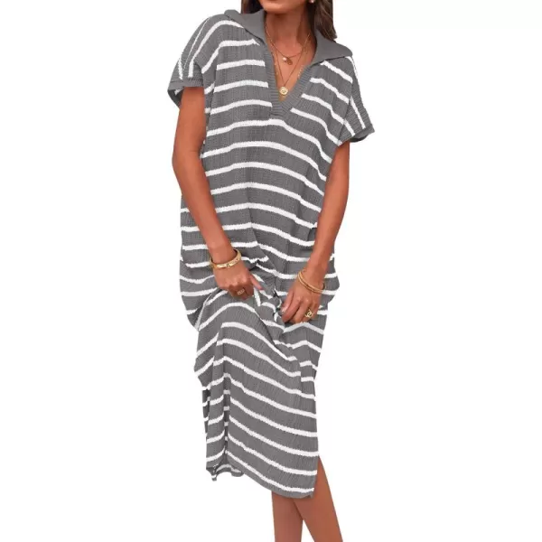 imageZESICA Womens Summer Striped Maxi Dress 2024 Casual Short Sleeve V Neck Loose Knitted Side Slit Long Sweater DressesGray