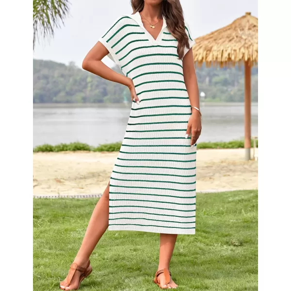 imageZESICA Womens Summer Striped Maxi Dress 2024 Casual Short Sleeve V Neck Loose Knitted Side Slit Long Sweater DressesGreen