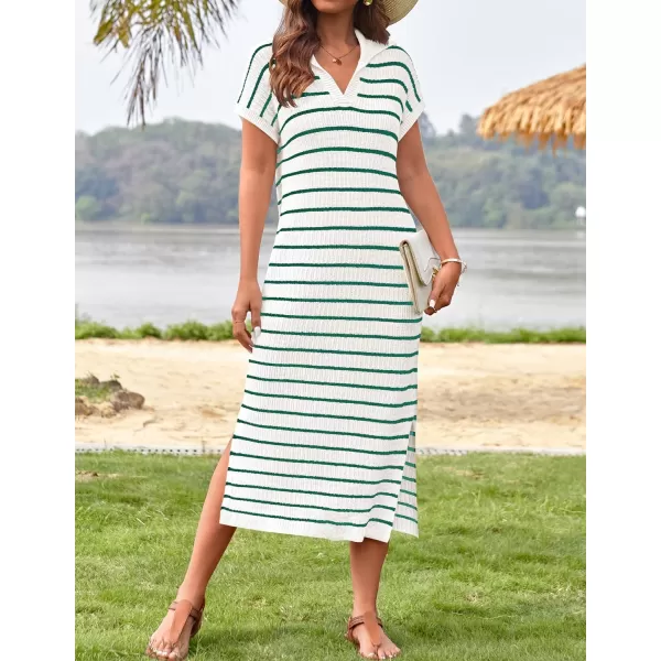 imageZESICA Womens Summer Striped Maxi Dress 2024 Casual Short Sleeve V Neck Loose Knitted Side Slit Long Sweater DressesGreen