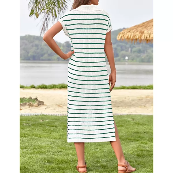 imageZESICA Womens Summer Striped Maxi Dress 2024 Casual Short Sleeve V Neck Loose Knitted Side Slit Long Sweater DressesGreen