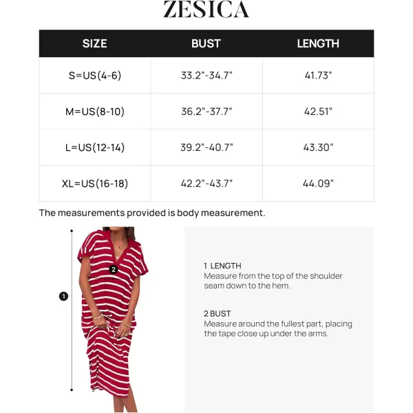 imageZESICA Womens Summer Striped Maxi Dress 2024 Casual Short Sleeve V Neck Loose Knitted Side Slit Long Sweater DressesRed