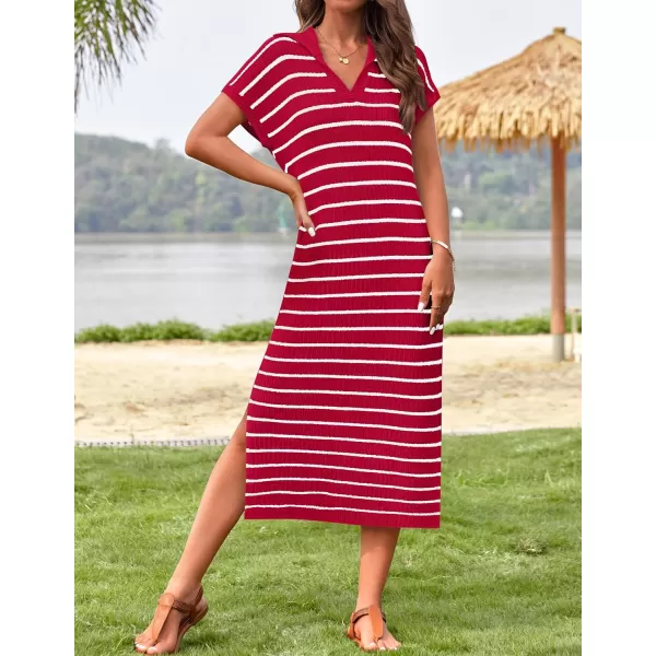 imageZESICA Womens Summer Striped Maxi Dress 2024 Casual Short Sleeve V Neck Loose Knitted Side Slit Long Sweater DressesRed